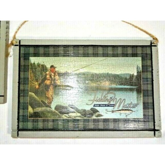 Fishing Master Rod Reels Lures Wood Signs Plaques Rainbow Trout Rustic 2-Piece - Picture 4 of 4